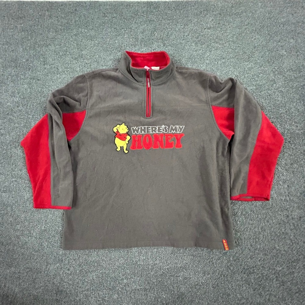 Disney Fleece Pullover Womens Size L Grey Red Winnie The Pooh Quarter Zip Soft
